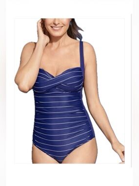 Talbots CABANA LIFE Swimsuit Ruched Navy Blue Stripe One Piece Swimsuit Sz Large